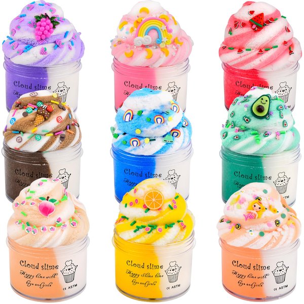 Cloud Slime Kit, 9 Pack Slimes with Peachybaby, Watermelon, Rainbow, Blue Cute Slime Charms, Scented DIY Putty Sludge Toy Gifts for Girls and Boys