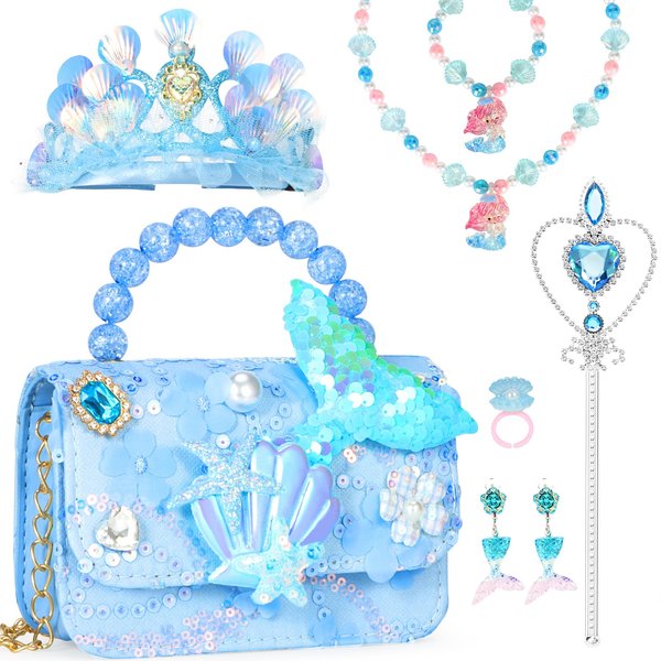 Mermaid Toys,Toddler Purse, Girls Purse Mermaid Play Purse for Little Girls Play Jewelry Birthday for Toddler Girls Age 3 4 5 6 7 8 Years Old (Blue)