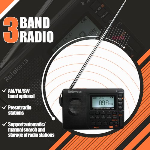 Retekess V115 Digital Radio AM FM, Portable Shortwave Radios, Rechargeable Radio Digital Tuner and Presets, Support Micro SD and AUX Record, Bass Speaker.