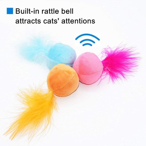 PETFAVORITES Furry Rattle Ball Cat Toy with Feather and Catnip - Interactive Pom Pom Balls for Cats, Soft and Lightweight, 2 Inch, 3 Pack.