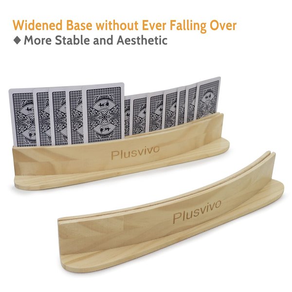 plusvivo Set of 4 Curved Playing Cards Holders for Seniors Adults - Soild Wood Cards Holders for Playing Cards 13 x 1.9 x 2.4 Inch for Bridge Canasta Strategy Foot and Hand