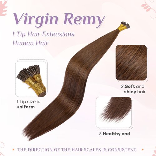 KiiKiiGirl Virgin Remy I Tip Hair Extensions Human Hair #4 Chocolate Brown Real Itip Human Hair Extensions 20Inch Pre Bonded I Tips Human Hair Extensions Invisible Caramel Light Blonde 30G/Pack