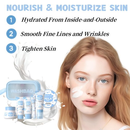 Milk Skincare Kits - Skin Care Set - 7PCS Travel Kit with Cleanser Face Wash, Hand Wax, Sunscreen, Face & Eye Cream, Exfoliating Scrub, Skin Care Bag - Nourishing, Moisturizing Gift Set for Women