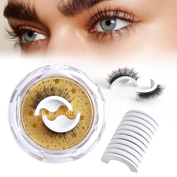 2 Pairs Self Adhesive Eyelashes with 10PCS Lash Glue Replacement Self-adhesive Strips, Reusable Eyelashes without Eyeliner and Glue, Waterproof False Eyelashes Two Types Natural Look for Make up