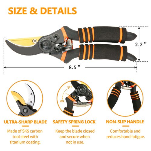 Pruning Shears, Garden Shears - Hewog 8.5" Professional Premium SK5 Steel with Titanium Pruning Shears for Gardening, Ultra Sharp Durable Bypass Pruning Shears, Garden Scissors, Pruners