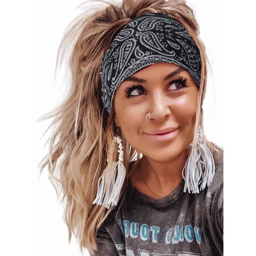 Sepniell Boho Headbands Leopard Turban Bandeau Headband Wide Knot Hair Scarf Stretch Stripe Fabric Head Wrap Floral Print Hair Bands Elastic Head Bands for Women and Girls Pack of 3 (C Elegant)