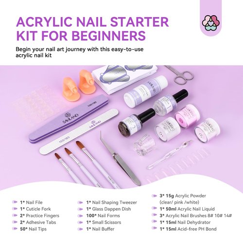 Saviland Acrylic Nail Kit with Everything for Beginners: Clear White Pink Acrylic Powder and Liquid Set with Acrylic Brush Nail Dehydrator and Primer Professional Acrylic Nail Set Starter Kit Home DIY