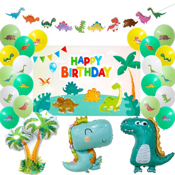 GooTPa Dinosaur Birthday Decorations, Dinosaur Party Supplies with Dinosaur Backdrop, Garland Banner, Foil Balloons, Latex Balloons for Boys Girls Kids Jungle Theme Baby Shower Bday Party Supplies