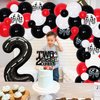 Racing Car 2nd Birthday Decorations for Boys, Red Black Race Flag Wheel Tire Balloon Garland Arch Kit with TWO FAST 2 CURIOUS Banner and Cake Topper for Kids Birthday Party Supplies