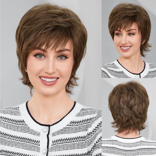 Topart Short Wigs for Women With Bangs Human Hair Blend with Synthetic Fiber Mixed Color Pixie Cut Wig Natural Daily Use Hair