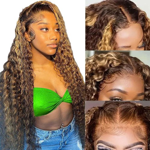 studyy 13x6 Highlight Ombre Lace Front Wigs Human Hair 4/27 Honey Blonde Deep Wave Frontal Wigs for Women 180 Density Hd Transparent Lace Frontal Wigs Pre Plucked Glueless Curly Wigs 28 Inch