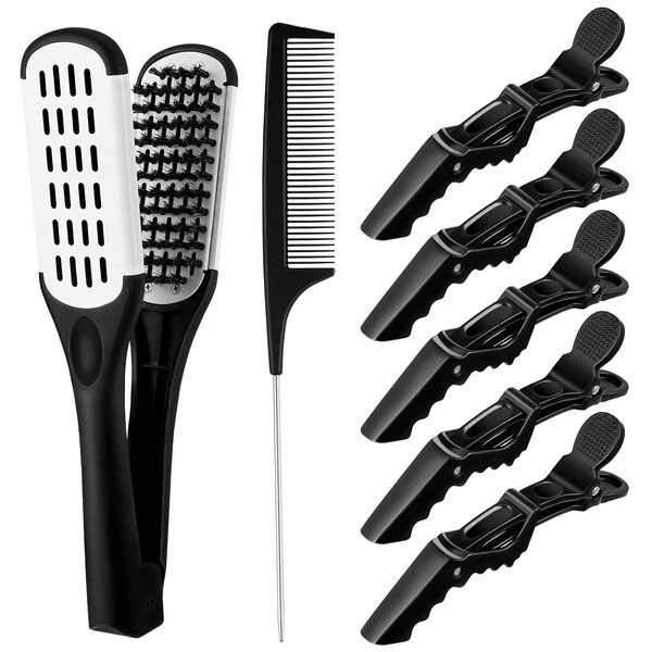 Honeydak Hair Straightening Boar Bristle Clamp Hair Comb, 5 Pieces Alligator Hair Clips, Pin Rat Tail Comb (White Comb)