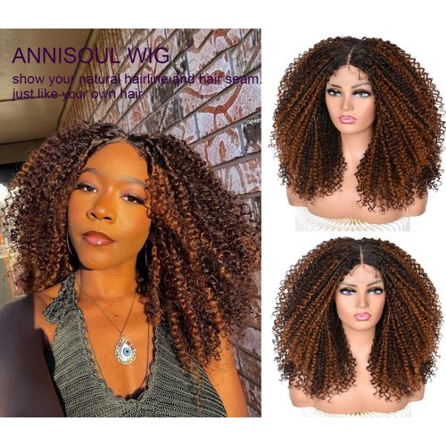 ANNISOUL Curly Lace front Wigs for Black Women Highlight Ombre Curly lace front Wig Synthetic Hair Pre Plucked 13x4x1HD Long Glueless Curly Afro Wig Black and Brown Synthetic Lace Frontal Wig