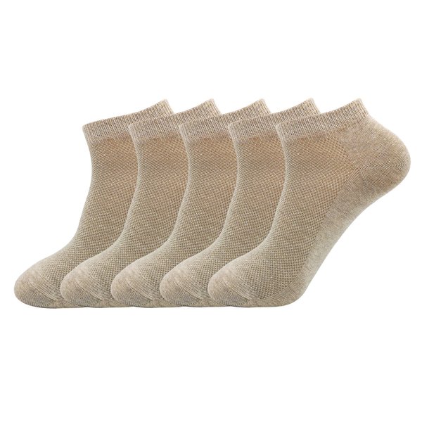HaloYIYI 5 Pairs Men's Cotton Tan Comfort & Soft Breathable Mesh Moisture Wicking Low Cut Ankle Socks (Beige-L)
