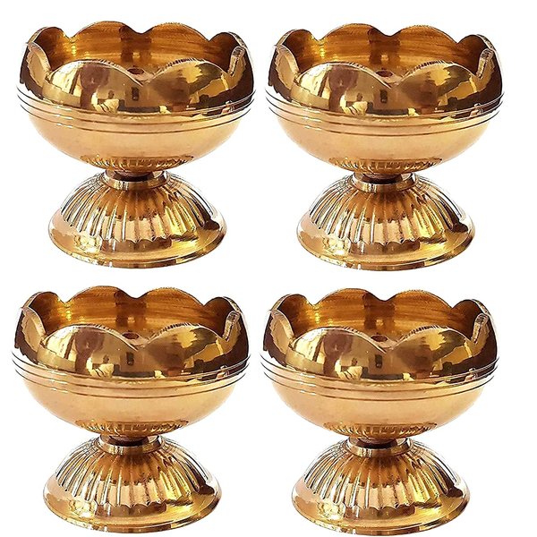 SATVIK 4 Pc Brass Diya (Big) for Diwali Decoration. Handmade Oil Lamp with Golden Engraved Made of Virgin Brass Metal. Diwali Diya Vilakku for Puja Pooja. Traditional Indian Deepawali Gift Items