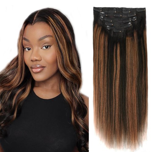 Lovrio Yaki Straight Human Hair Extensions Clip ins Natural Black Color to Black #1B Mixed With Medium Auburn #30 Light Yaki Clip ins Remy Human Hair for Black 120g Full Head 16inch 7Pcs With 17 Clips
