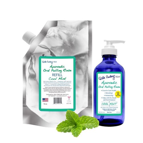 Dale Audrey Natural Oil Pulling for Teeth and Gums | Organic Mint Flavoured Oral Rinse Mouthwash for Bad Breath | Natural Essential Oils for Freshen Breath | Cobalt Glass Bottle wiith Refill | (16oz)