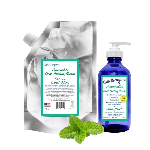 Dale Audrey Natural Oil Pulling for Teeth and Gums | Organic Mint Flavoured Oral Rinse Mouthwash for Bad Breath | Natural Essential Oils for Freshen Breath | Cobalt Glass Bottle wiith Refill | (16oz)