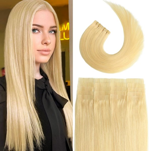 Aison Tape in Hair Extensions 613 Bleach Blonde 100% Remy Human Hair Extensions Silky Straight for Fashion Women 20 Pcs/Package(20Inch #613 50g)
