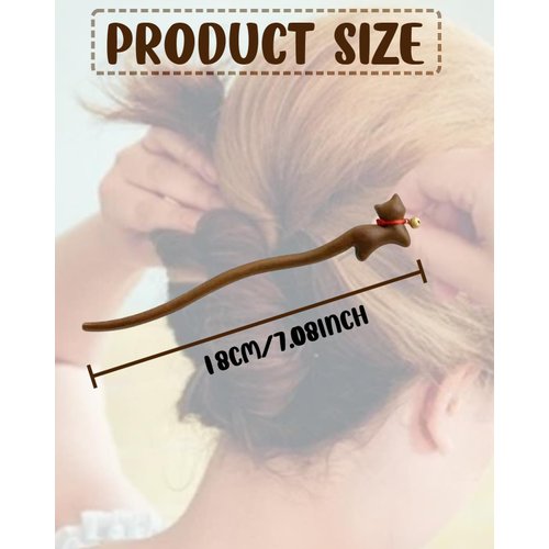 Green Sandalwood Hand Carved Wood Cat，Kitten Wood hairpin，Hair Stick Cat Shaped Hair，Bell wooden kitten，Hair Clip for Women Hair Accessories