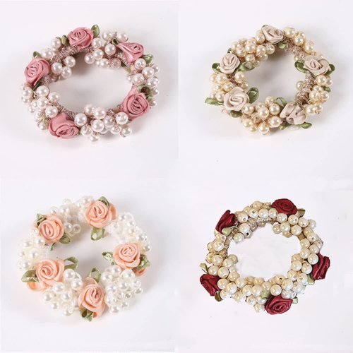 DORIS&JACKY Crystal Hair Tie Fancy Elastic Hair Bead Ponytail Holder Handmade Rhinstone Hair Accessories For Women And Girls (3-flower with pearl 4 pcs)