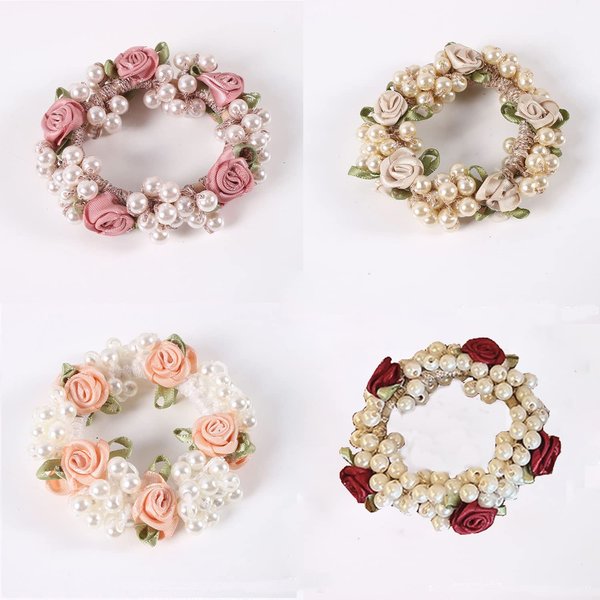 DORIS&JACKY Crystal Hair Tie Fancy Elastic Hair Bead Ponytail Holder Handmade Rhinstone Hair Accessories For Women And Girls (3-flower with pearl 4 pcs)
