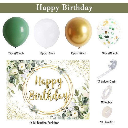 Greenery Happy Birthday Party Decorations Balloon Set,with Eucalyptus Leaves Backdrop Banner,Sage Green Gold Balloon Garland Kit Arch for Girl Women Safari Jungle Birthday Party Supplies (Greenery)