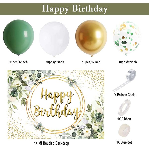 Greenery Happy Birthday Party Decorations Balloon Set,with Eucalyptus Leaves Backdrop Banner,Sage Green Gold Balloon Garland Kit Arch for Girl Women Safari Jungle Birthday Party Supplies (Greenery)
