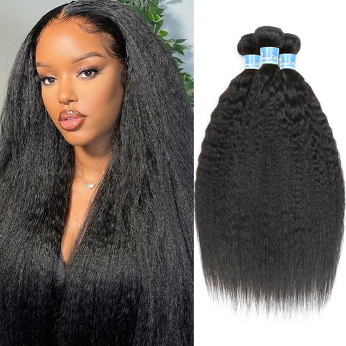20 22 24 Kinky Straight Human Hair Bundles Natural Black Yaki Straight Human Hair Extensions 100% Unprocessed Brazilian Virgin Remy Hair Kinky Straight Human Hair For Black Women