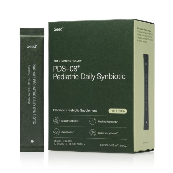 Seed PDS-08 Pediatric Daily Synbiotic - Fiber-Based Prebiotic & Probiotic for Kids - Digestive Health, Regularity, Constipation Relief - Ages 3-17 - Vegan and Shelf-Stable - 30 Sachets (30-Day Supply)