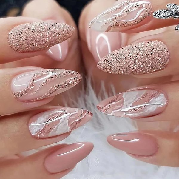 Medium Almond Tip Press on Nails Nails Artificial Acrylic Fake Nails with Pink Glitter Powder Designs, 24Pcs Full Cover Reusable Coffin False Nails Set Women Glue on Nails Stick on Nails for Nail Art