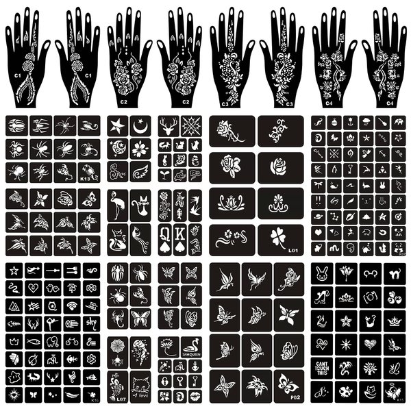 16 Sheets Henna Tattoo Stencils Kit Reusable for Women Girls and Kids, 130+ PCS Tattoo Templates,Temporary Indian Arabian Glitter Airbrush Tattoo Stencils for Face Body Paint DIY