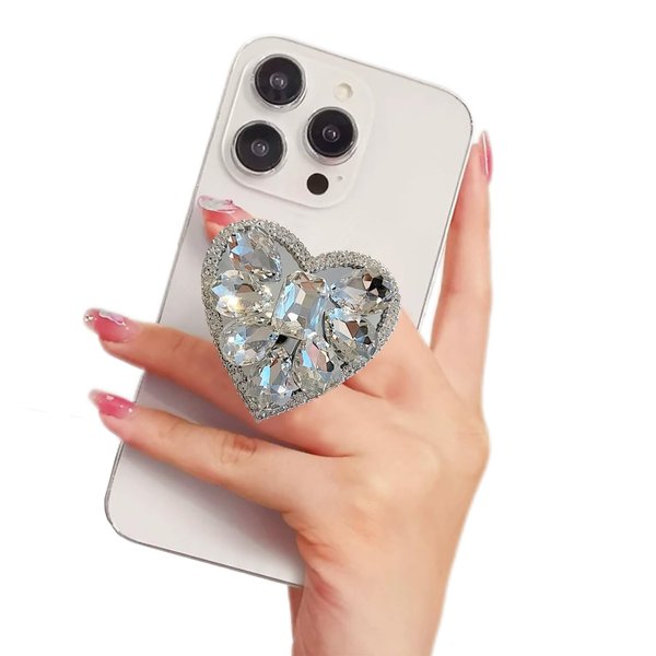 WUOJI Cute Glitter Color Heart Shape Collapsible Expandable Multi Functional Mobile Phone Grip & Kickstand (Silver)
