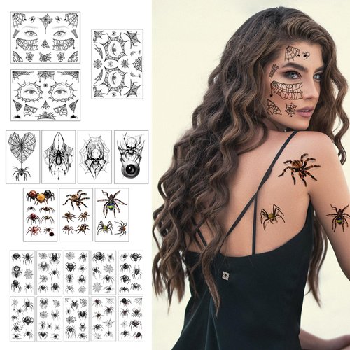 CARGEN Halloween Spider Face Temporary Tattoos - 141 Patterns 20 Sheets Halloween Realistic 3D Spiders Web Skull Halloween Temporary Tattoos Stickers Costumes for Women Men Adult Kids Party Supplies