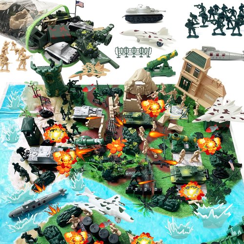 Army Men Toys for Boys, 130 Pcs Kids Military Base Playset, Plastic Action Figures and Accessories with Toy Soldiers, Army Tank, Jets, Walls, Helis, Battlefield Mat and More for Boys Age 6-8 8-12