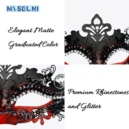 MYSEUNI Masquerade Mask for Couple Red - Shiny Rhinestone Venetian Mask & Mens Venetian Half Face Mask for Christmas Mardi Gras Party Halloween Costume Cosplay Prom Masked Ball