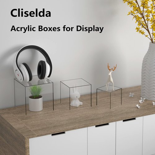 Cliselda 3pcs Clear Acrylic Display Boxes, Acrylic Cube Stand Risers Plastic Square Containers, Decorative Acrylic Storage Boxes for Collectibles,Wedding, Party, Treats, Jewelry ( Box Without Lid )