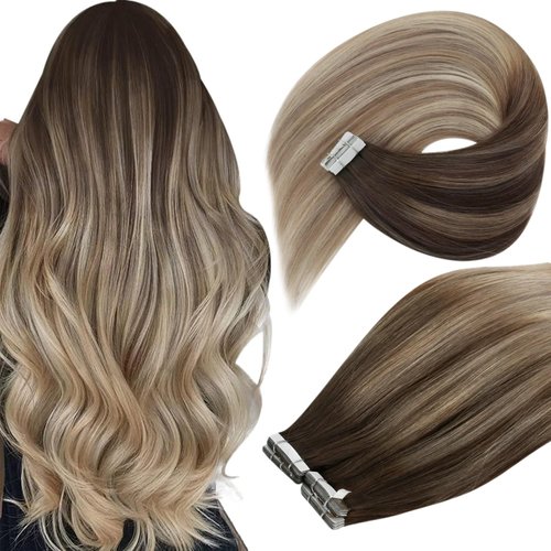 Ve Sunny Tape in Ombre Hair Extensions Brown Blonde Tape in Extensions Human Hair Invisible Tape in Hair Extensions Real Human Hair Dark Brown Ombre Golden Blonde Mix Platinum Blonde 20pcs 50g 20in