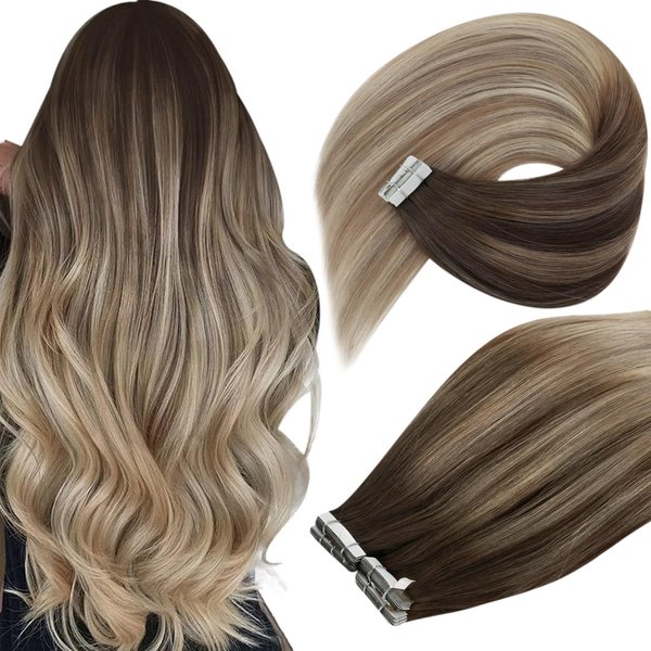 Ve Sunny Tape in Ombre Hair Extensions Brown Blonde Tape in Extensions Human Hair Invisible Tape in Hair Extensions Real Human Hair Dark Brown Ombre Golden Blonde Mix Platinum Blonde 20pcs 50g 20in