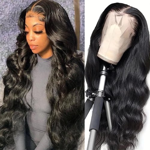 BASEMMAHER Long Lace Front Wigs Human Hair Wavy Wig for Women Middle Part Body Wave Lace Front Wigs Transparent Natural Black Lace Frontal Wigs for Girls Party Daily Use (24'' Black)