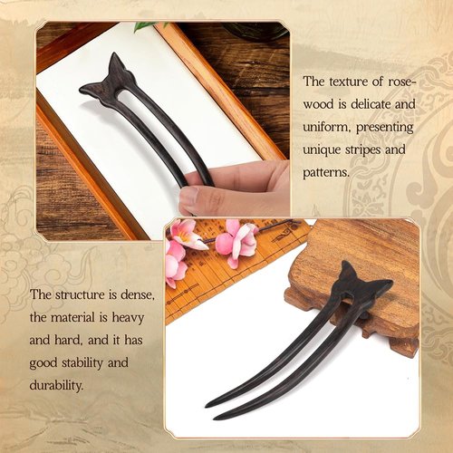 KingcanY Wooden 2-Prong Hair Forks, Handmade Retro Sandalwood Hair Sticks French Hair Chopsticks Hair Pins Hairpin, Hair Accessory (Black butterfly)