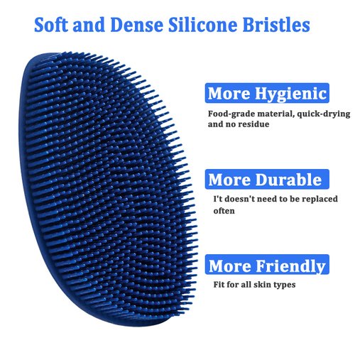 HieerBus Silicone Body Scrubber Flat Shower Brush Gentle Exfoliating and Massage,Long Bristles Lathers Well and More Hygienic Than Traditional Loofah 1 Pack (Dark Blue)