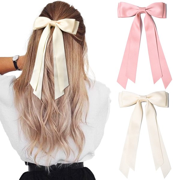 2PCS Silky Satin Hair Bows Hair Clip Beige Pink Hair Ribbon Ponytail Holder Accessories Slides Metal Clips Hair Bow for Women Girls Toddlers Teens Kids