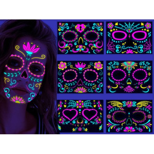 Sugar Skull Face Tattoos, Neon Temporary Tattoos,Day of Dead Face Tattoos, 6-Sheet Shimmer Designs Glow UV Neon Body Face Tattoo for Women Girls Body Art