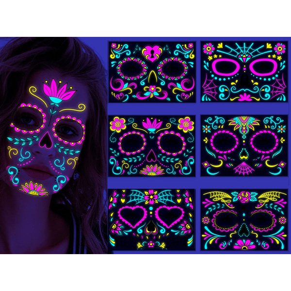 Sugar Skull Face Tattoos, Neon Temporary Tattoos,Day of Dead Face Tattoos, 6-Sheet Shimmer Designs Glow UV Neon Body Face Tattoo for Women Girls Body Art