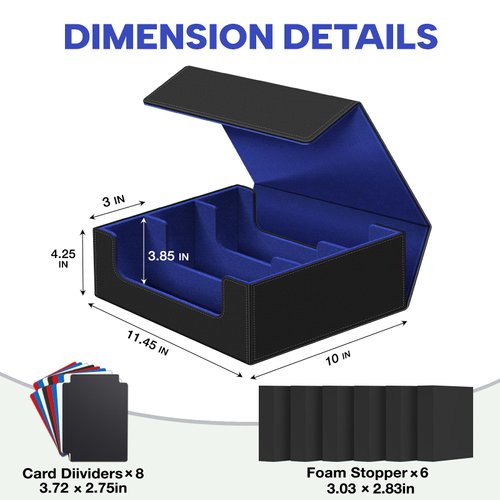 Lalasu Card Deck Box for Trading Cards, 1800+ Trading Card Storage Case, PU Leather Magnetic Closure Commander Deck Fit for YuGiOh, MTG and Sport TCG Gift for Card Collector (Black&Blue)