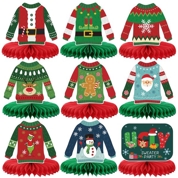 Ugly Sweater Honeycomb Centerpieces for Table Christmas Ugly Table Centerpieces Christmas Ugly Table Toppers for Christmas Ugly Sweater Party Table Decorations - 9Pcs