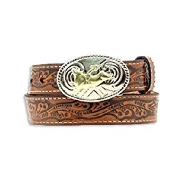 Nocona Boots Boys' 1-1/4" Tooled Bull Rider Floral Leather Western Belt Buckle, Brown, 18