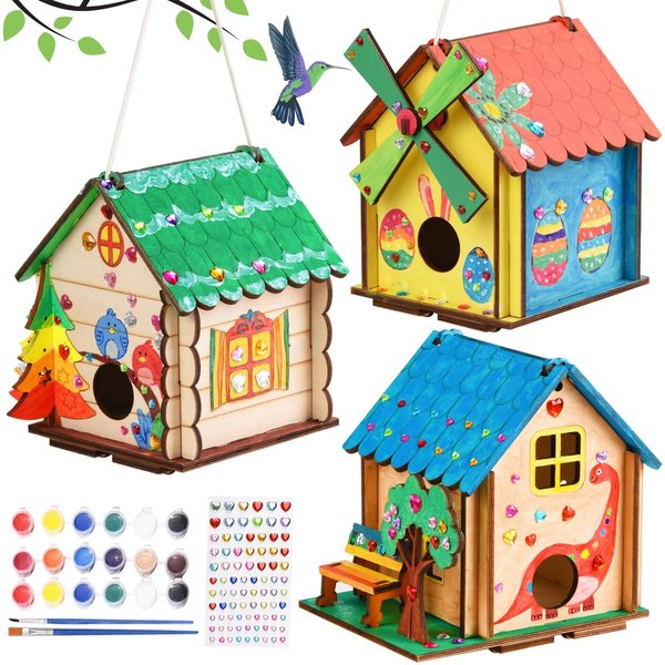 3 Pack Bird House Crafts for Kids Ages 8-12 5-8, DIY Wooden Arts and Crafts Kit for Children to Build, Make Your Own Birdhouse, Summer Painting Activities Crafts Gifts Outdoor Toys for Boys Girls