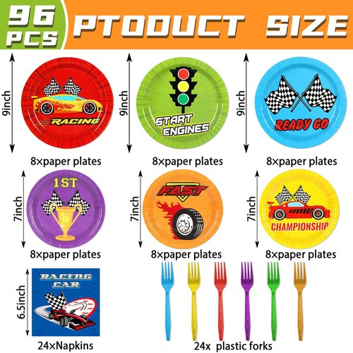 96Pcs Race Car Birthday Party Plates and Napkins Forks for Race Car Party Decorations Checkered Flag Racing Themed Paper Plates Tableware Set for Kids Boys Serves 24 Birthday Party Supplies Favors